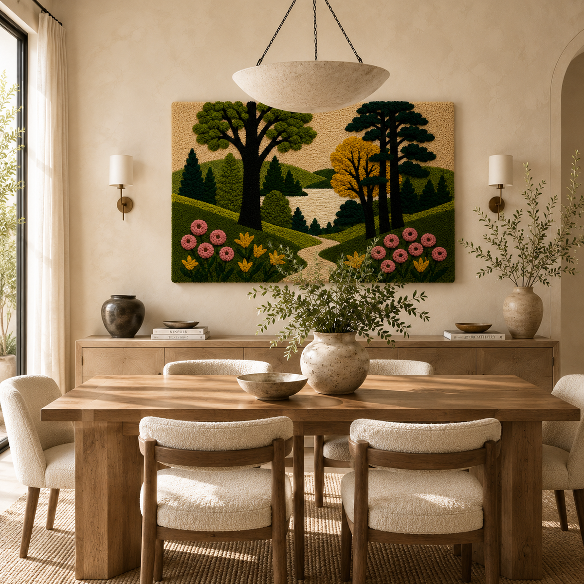 Hewn Earth Cinder Solstice wall art featuring abstract earthy tones and circular design on a textured canvas.