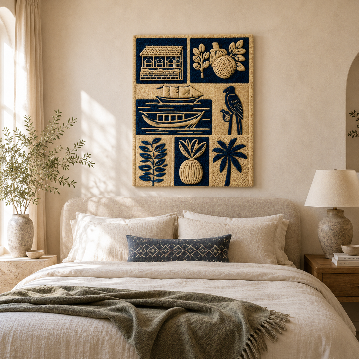 Hewn Earth Ember Aviary wall art featuring a detailed illustration of a bird's nest and foliage in earthy tones.