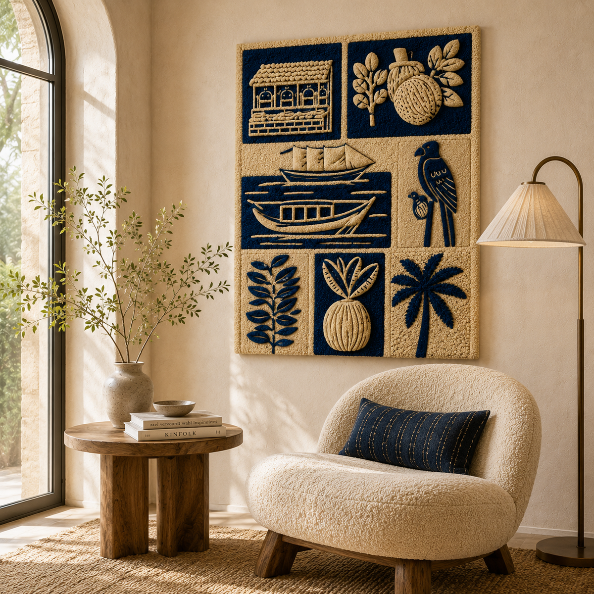 Hewn Earth Ember Aviary wall art featuring colorful bird illustrations on a textured background.