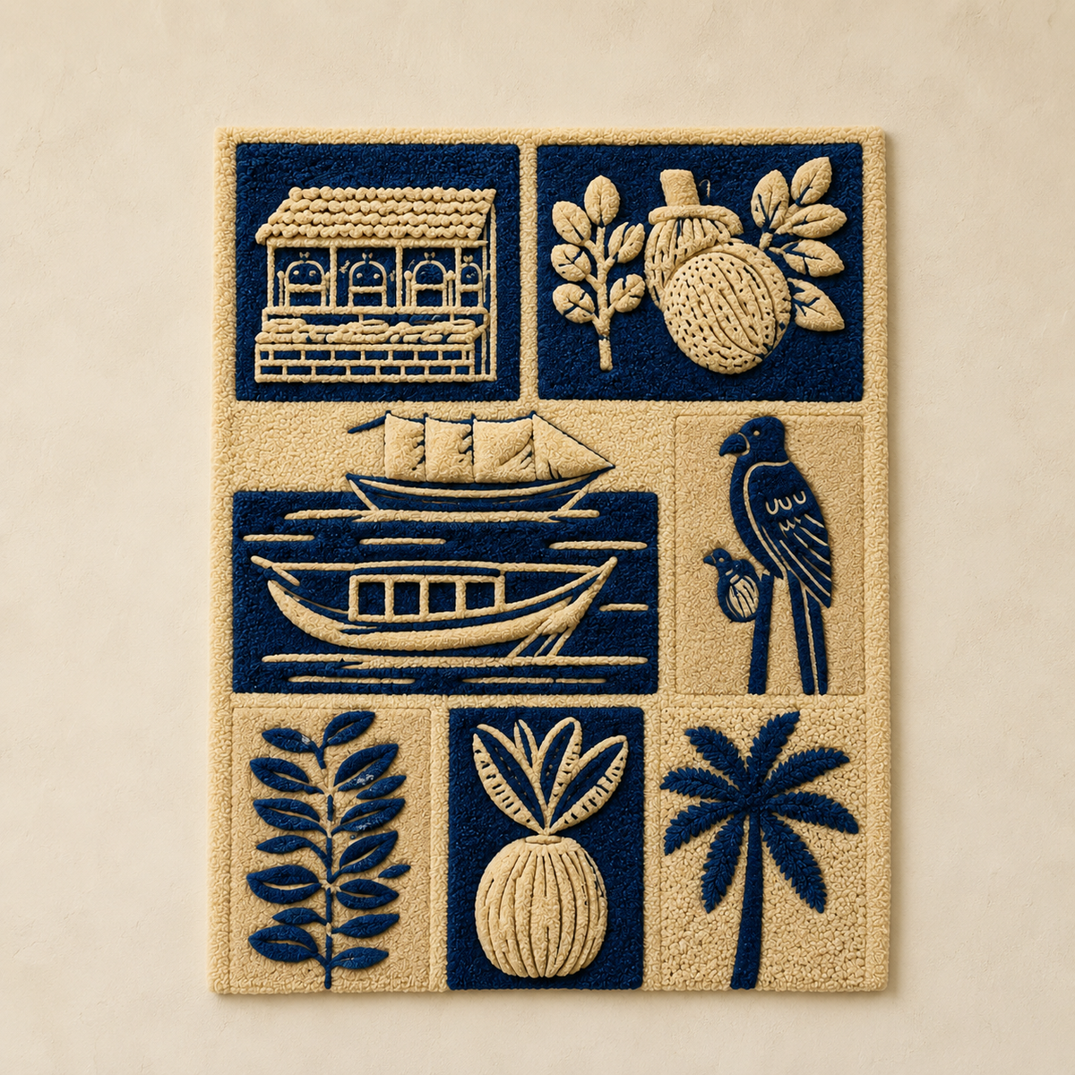 Hewn Earth Ember Aviary wall art featuring a detailed illustration of colorful birds perched among foliage.