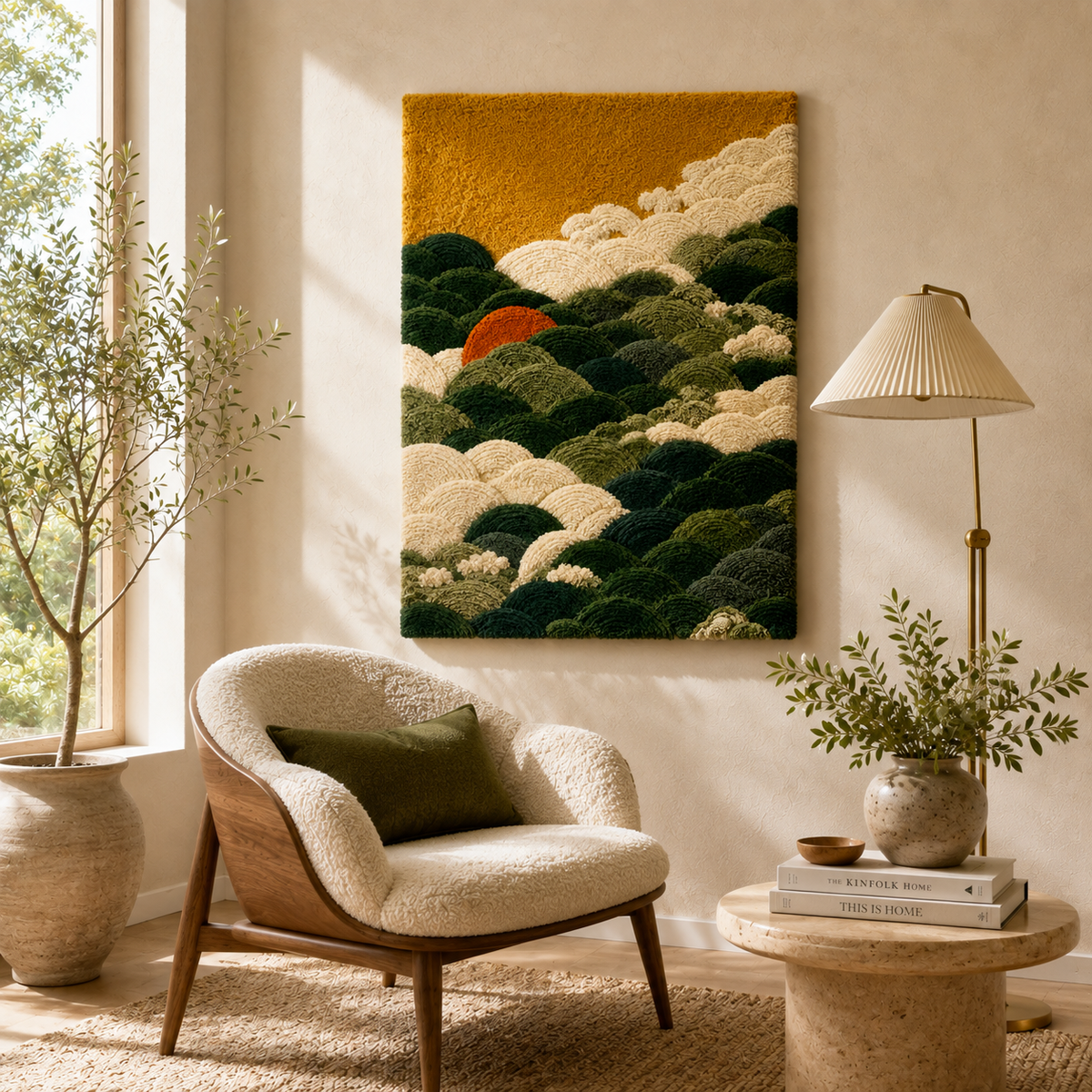 Hewn Earth Gilded Grove wall art featuring a nature-inspired design with gold accents on a neutral background.