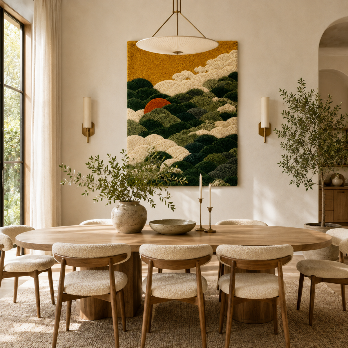 Hewn Earth Gilded Grove wall art featuring gold-accented botanical design on a textured background.