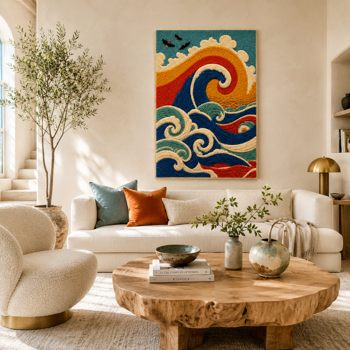 Hewn Earth Ember Kingfisher wall art featuring a vibrant kingfisher bird perched on a branch, colorful and detailed nature scene.