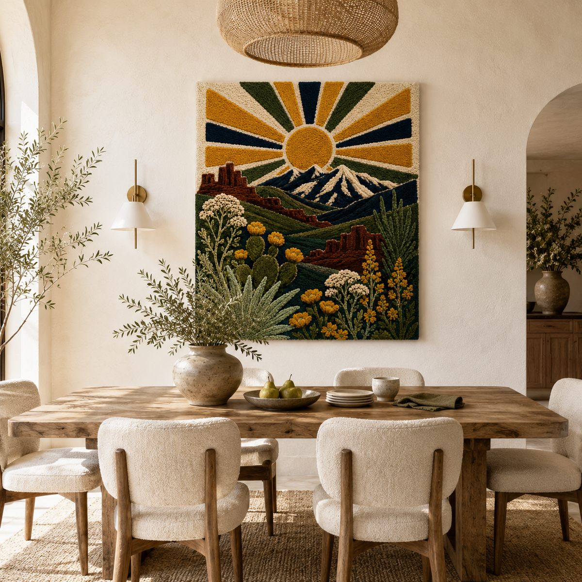 Close-up of Hewn Earth Luminous Wildflower wall art featuring vibrant, detailed wildflower illustrations on textured background