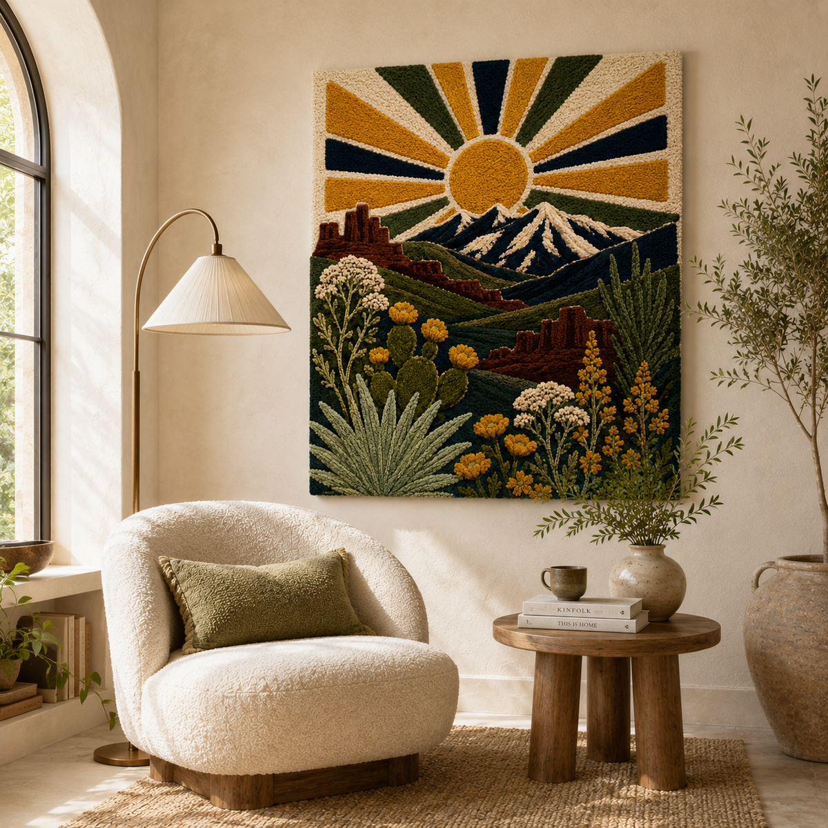 Luminous Wildflower Hewn Earth wall art featuring a vibrant, illuminated floral design on a textured background.