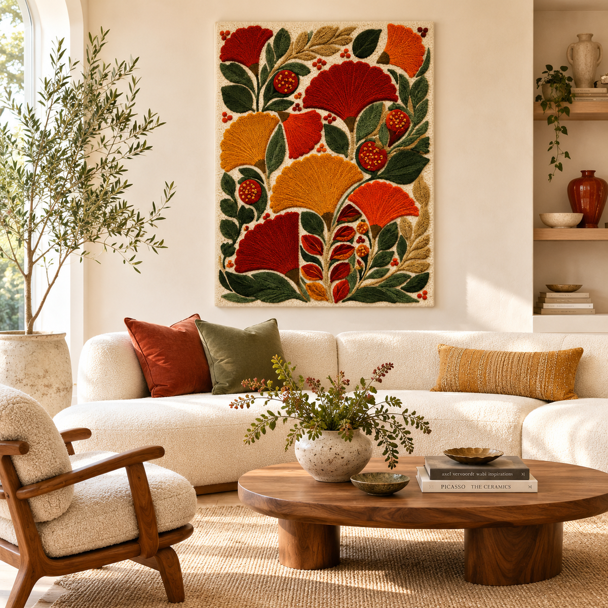 Hewn Earth Afterglow Drift wall art, abstract design with warm tones, displayed on a modern room wall.