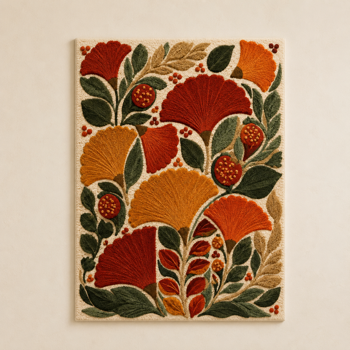Hewn Earth Afterglow Drift wall art featuring vibrant, abstract design with warm orange and blue hues on a canvas backdrop.