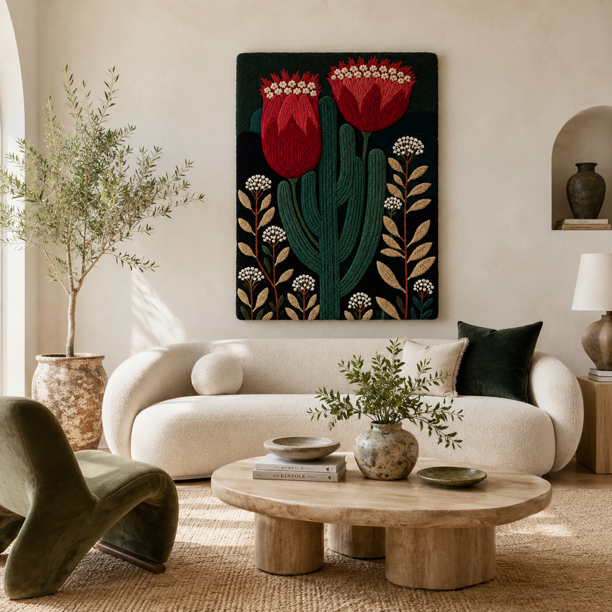 Close-up of Hewn Earth Afterglow Oasis wall art, showcasing intricate details and vibrant colors in a calming, nature-inspired design.