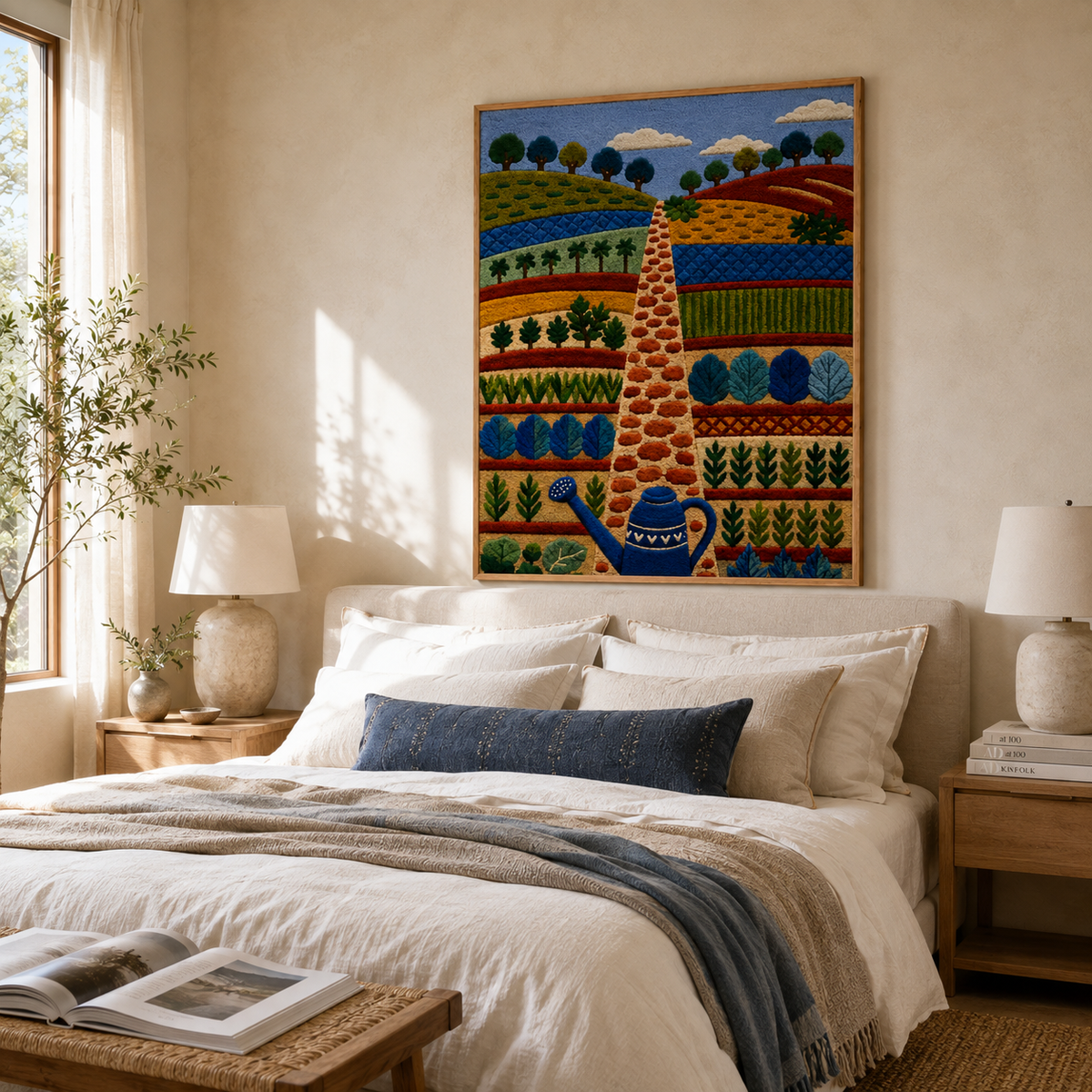 Hewn Earth Afterglow Meadow wall art featuring a vibrant meadow scene with colorful wildflowers and lush greenery.