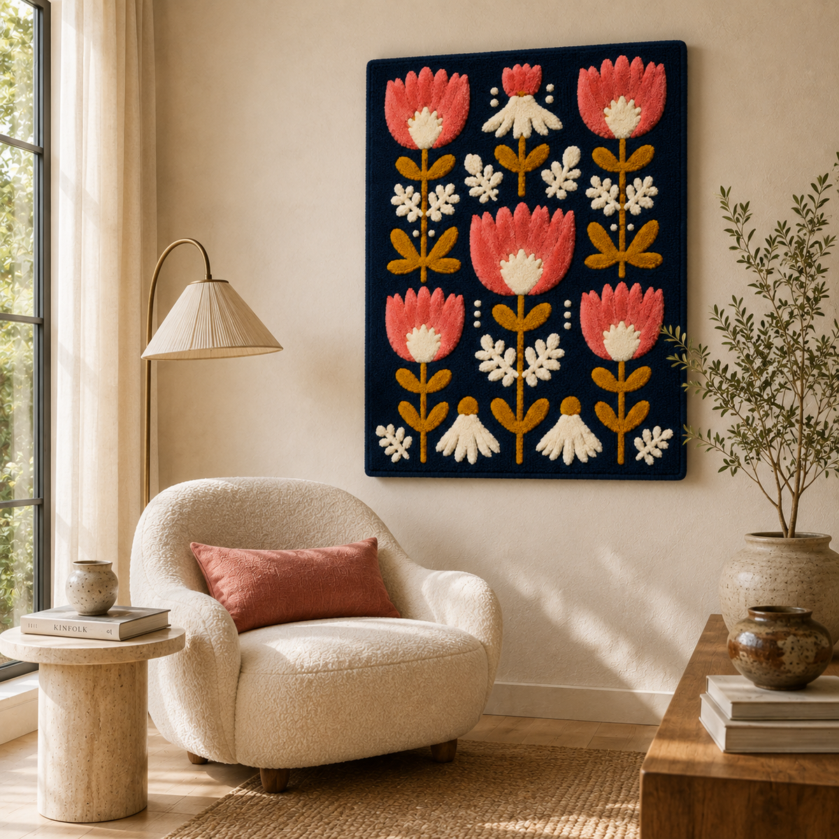 Hewn Earth Cinder tapestry wall art hanging on a room wall with neutral tones and textured design.