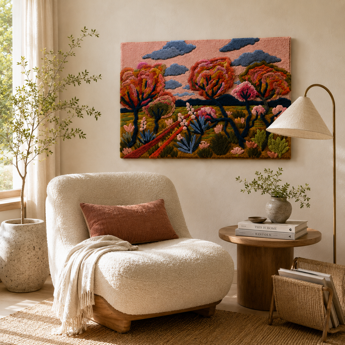Hewn Earth Gilded Juniper wall art featuring a detailed gold and green juniper branch design on a neutral background.