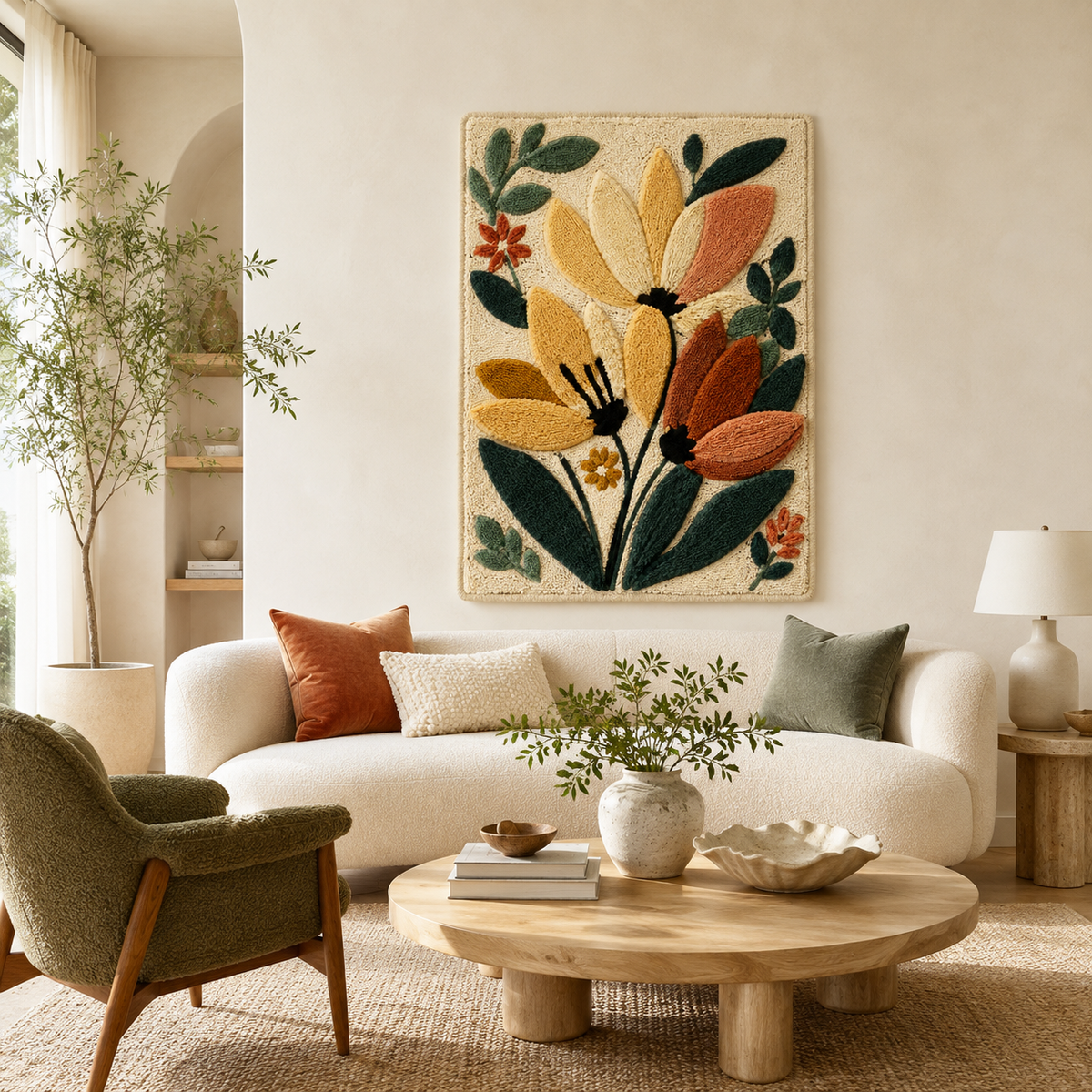 Hewn Earth Afterglow Xanadu wall art featuring vibrant, abstract design with warm orange and yellow tones on a textured canvas.