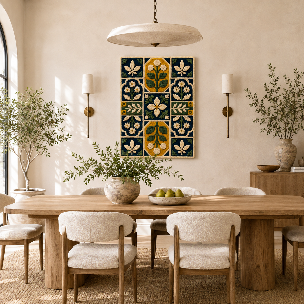 Close-up of Hewn Earth Luminous Orchard wall art featuring vibrant, detailed botanical designs on a textured surface.