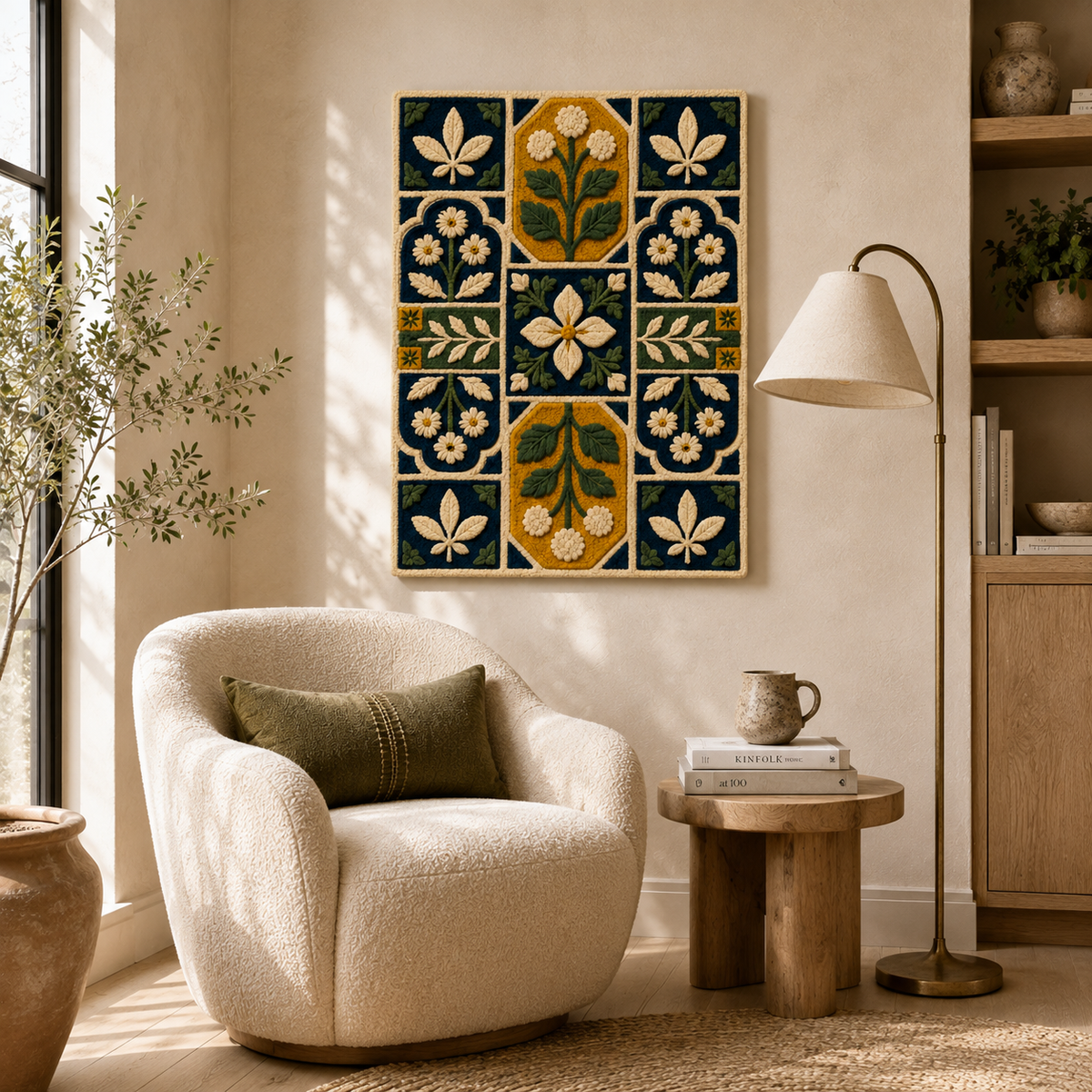 Luminous Orchard wall art by Hewn Earth featuring a vibrant, luminous orchard scene with colorful trees and lush greenery.