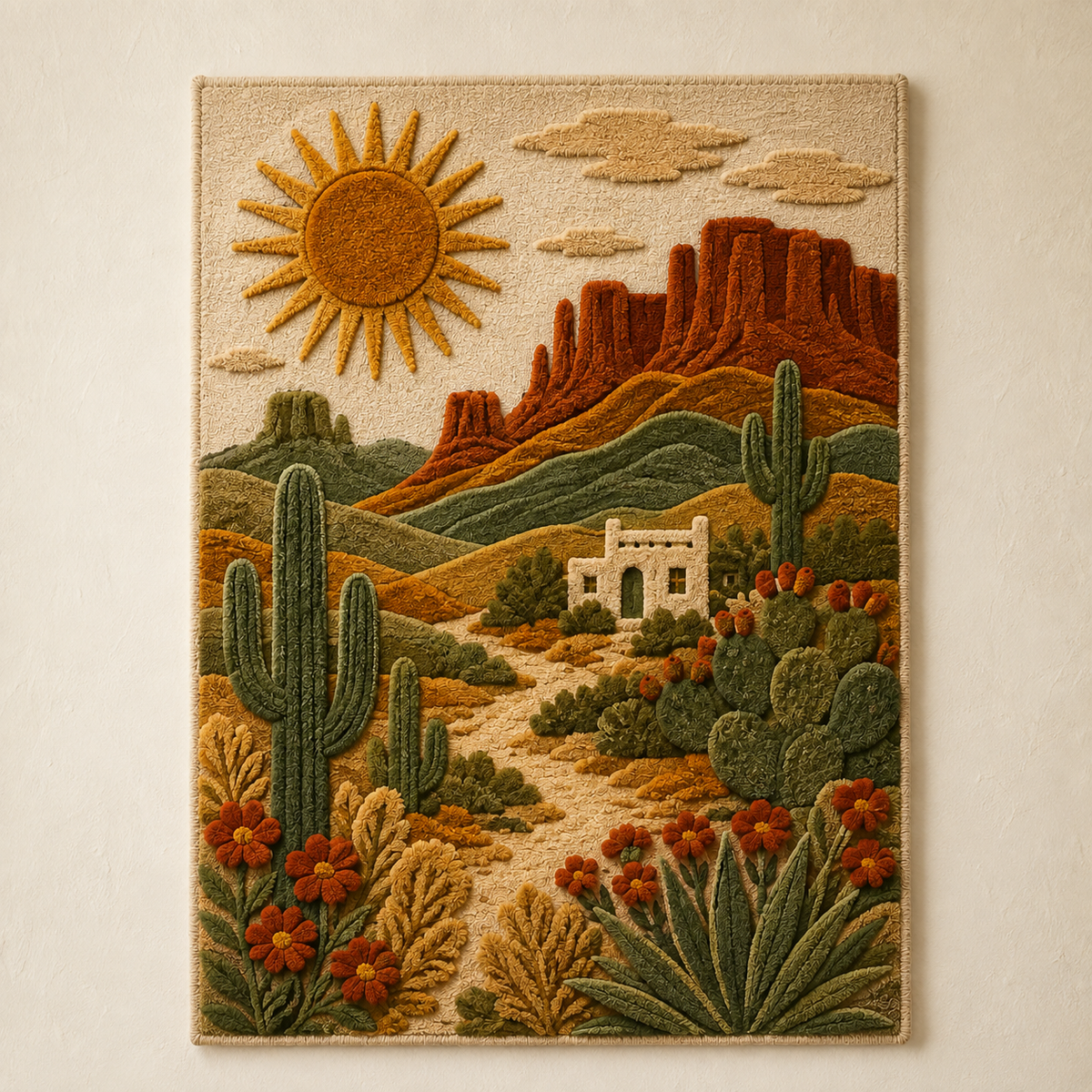 Hewn Earth Afterglow Vista wall art displayed on a room wall, featuring vibrant abstract landscape in warm tones.
