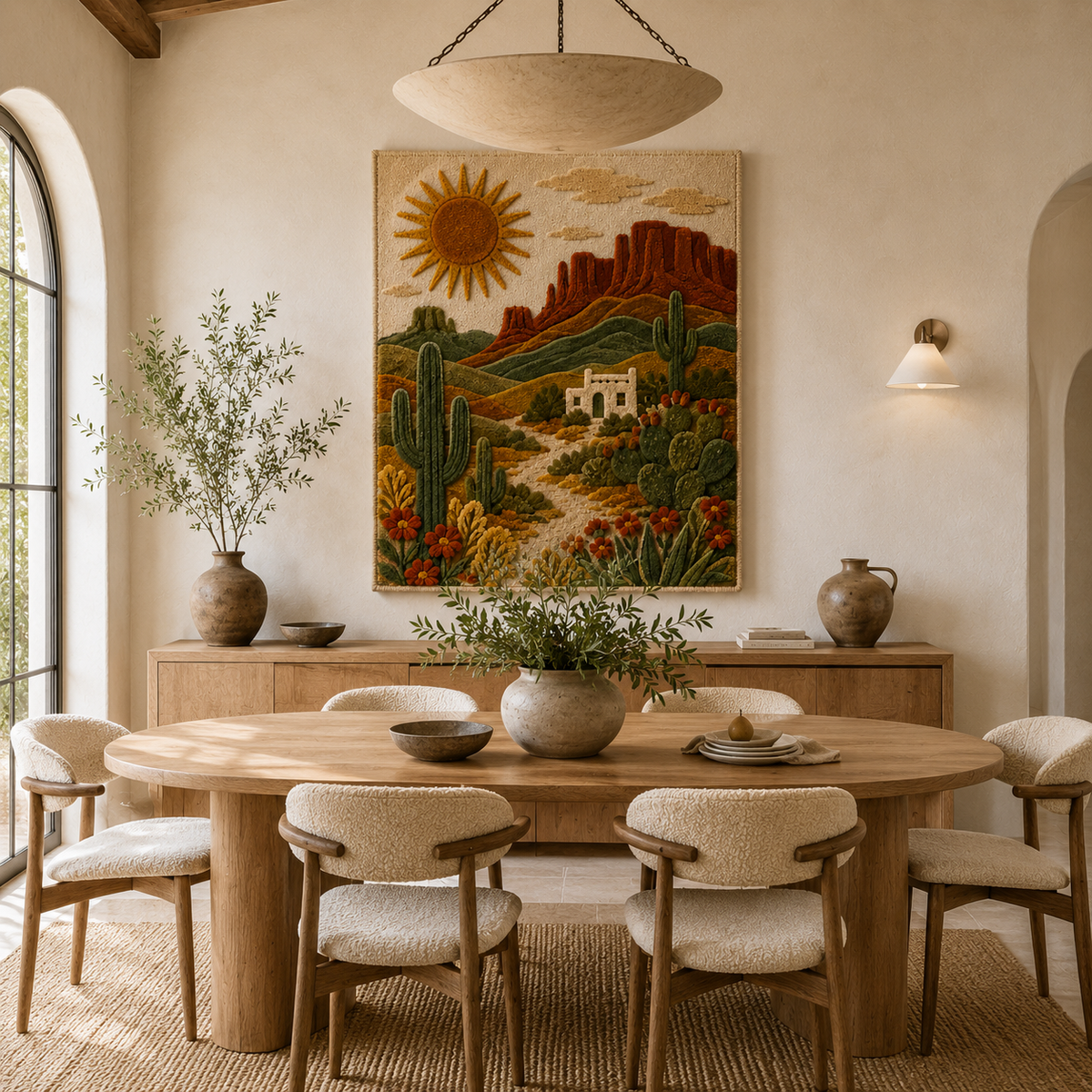 Hewn Earth Afterglow Vista wall art featuring a vibrant, abstract landscape with warm sunset colors on a canvas.