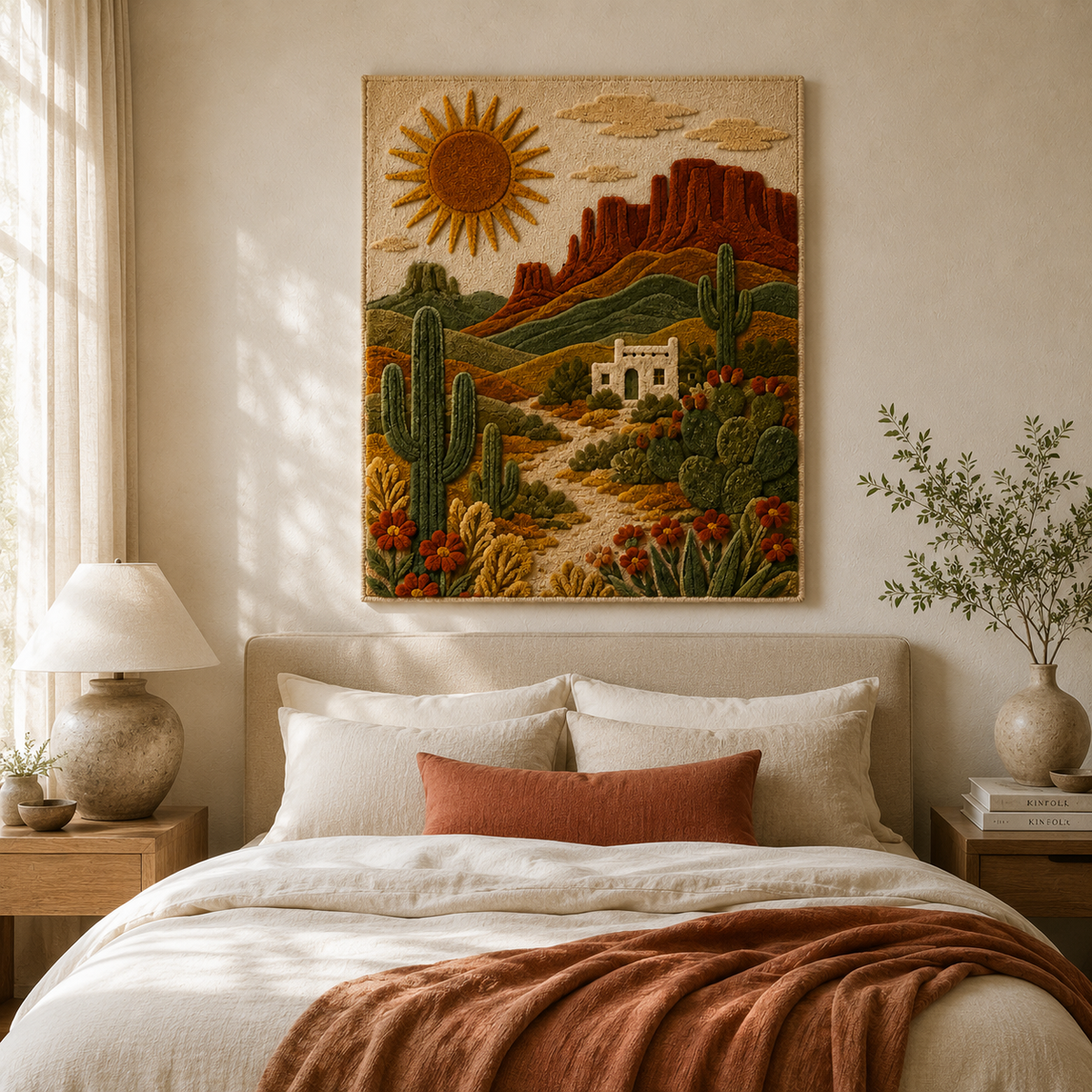 Hewn Earth Afterglow Vista wall art featuring a vibrant, abstract landscape with warm orange and pink hues on a rectangular canvas.