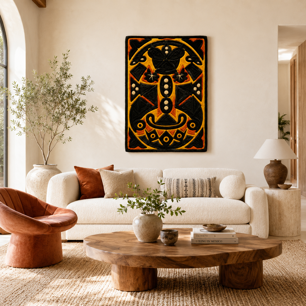 Hewn Earth Cinder Crescent wall art featuring a textured, circular design in earthy tones for modern interior decor.