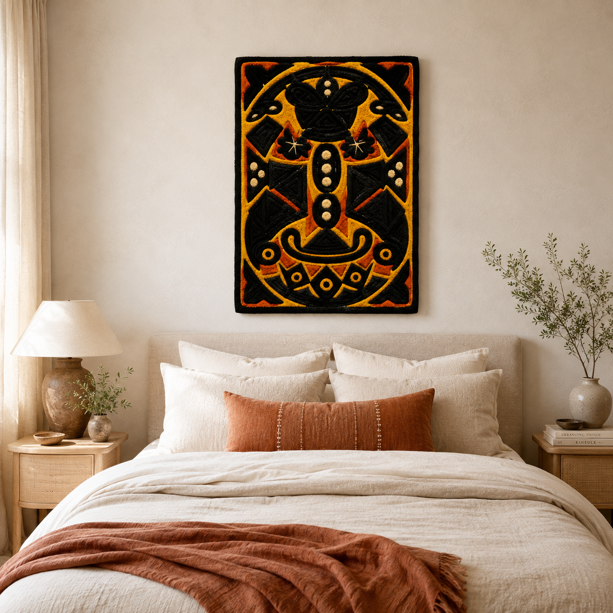 Hewn Earth Cinder Crescent wall art featuring a textured, crescent-shaped design in earthy tones on a neutral background.