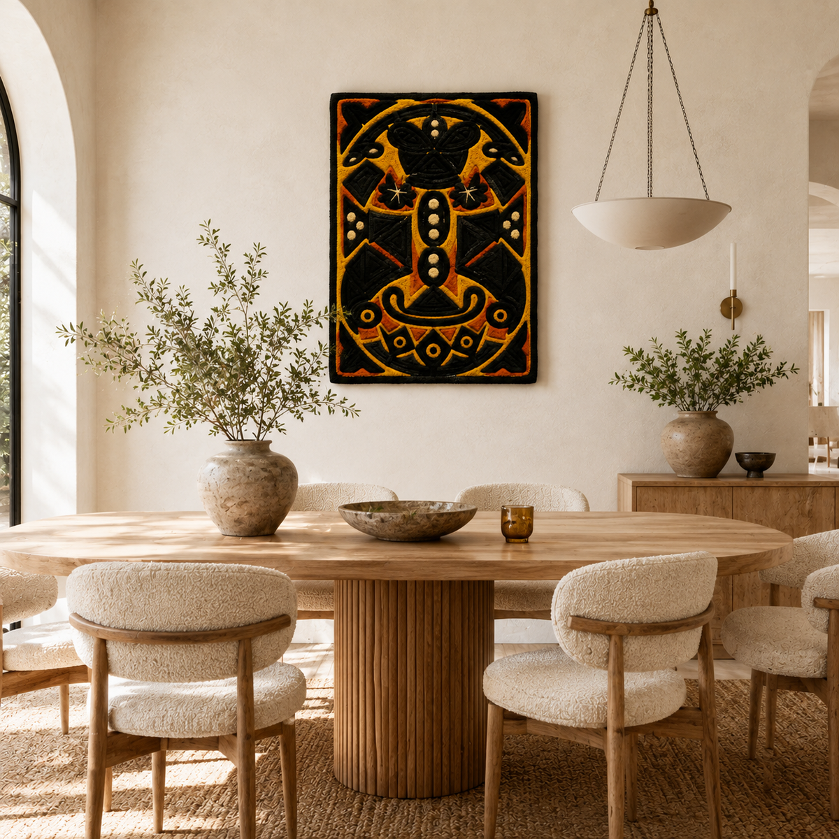 Hewn Earth Cinder Crescent wall art featuring a textured, crescent-shaped design in earthy tones on a neutral background.