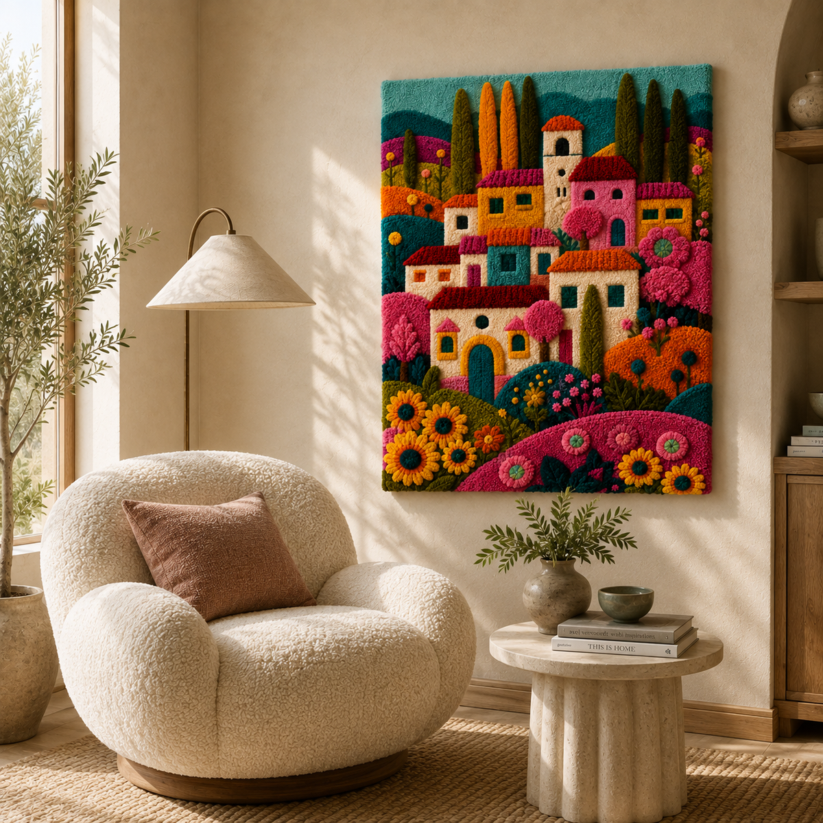 Luminous Zenith Hewn Earth wall art featuring a glowing, abstract design in warm tones on a textured canvas.