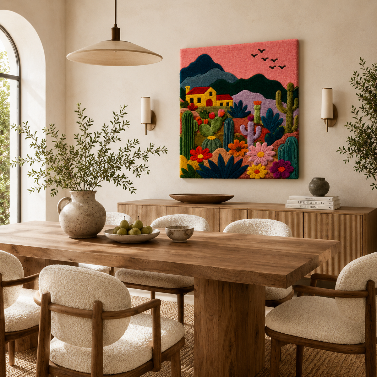 Close-up of Hewn Earth Afterglow Garden wall art showing vibrant, abstract floral design on textured canvas.