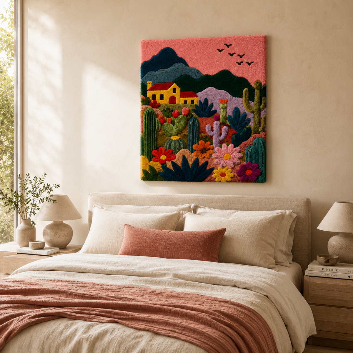 Hewn Earth Afterglow Garden wall art featuring vibrant, abstract plant and floral design on a textured surface.