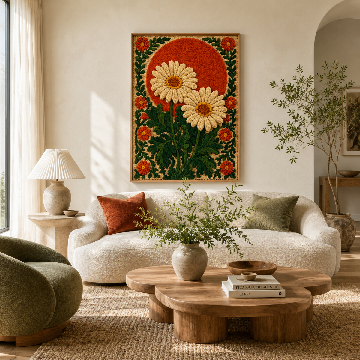 Hewn Earth Cinder Nightingale wall art featuring intricate bird and floral design in earthy tones on a neutral background.