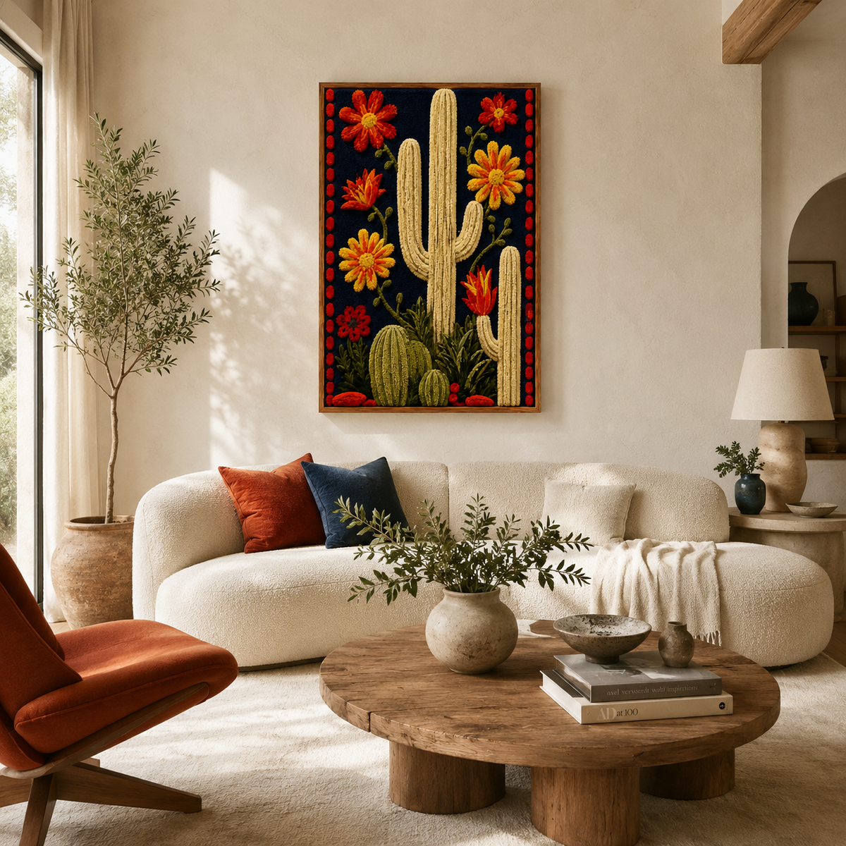 Hewn Earth Cinder Lagoon wall art displayed on a room wall, showcasing abstract blue and gray tones in a modern design.