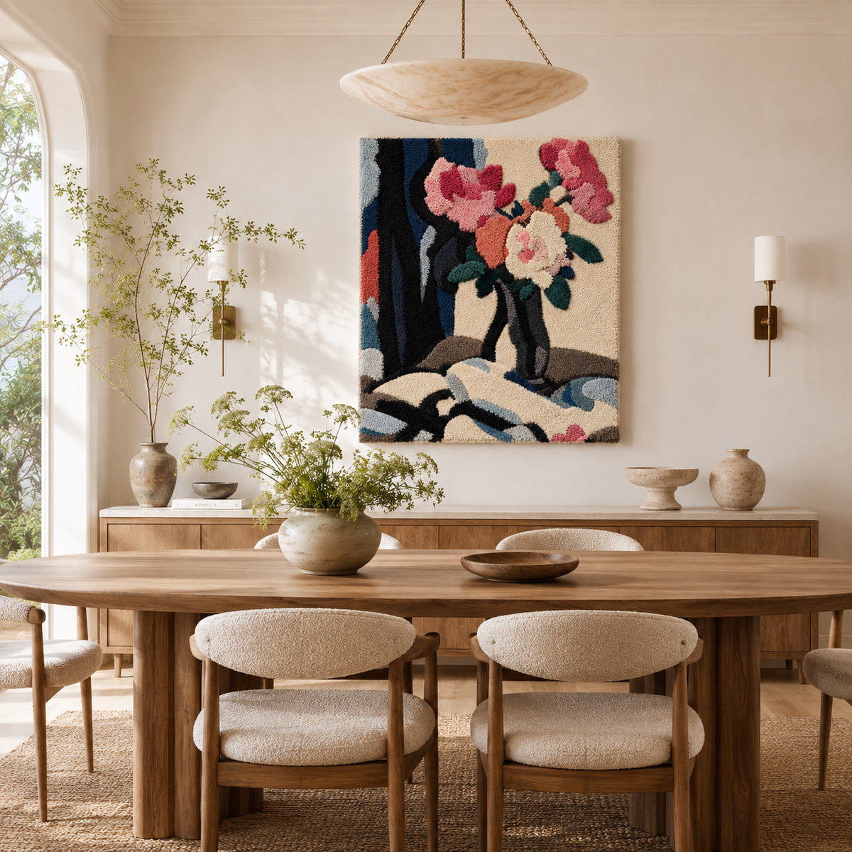 Hewn Earth Afterglow Palms wall art featuring vibrant palm tree silhouettes against a colorful sunset sky.