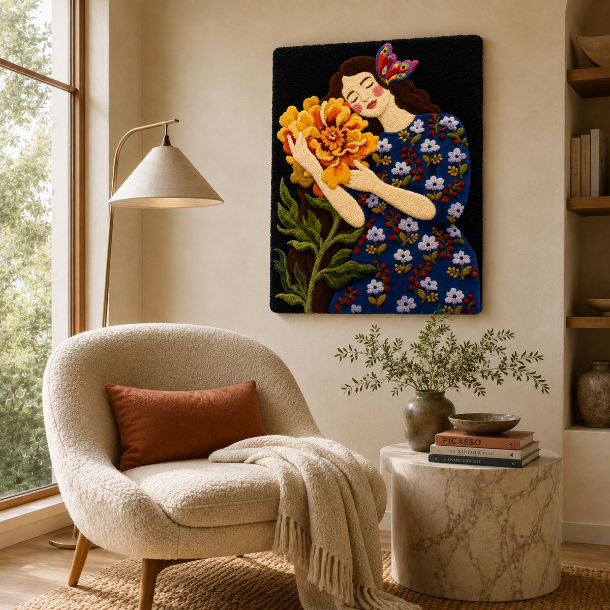 Hewn Earth Afterglow Yarrow wall art featuring vibrant yellow and green foliage on a textured background.