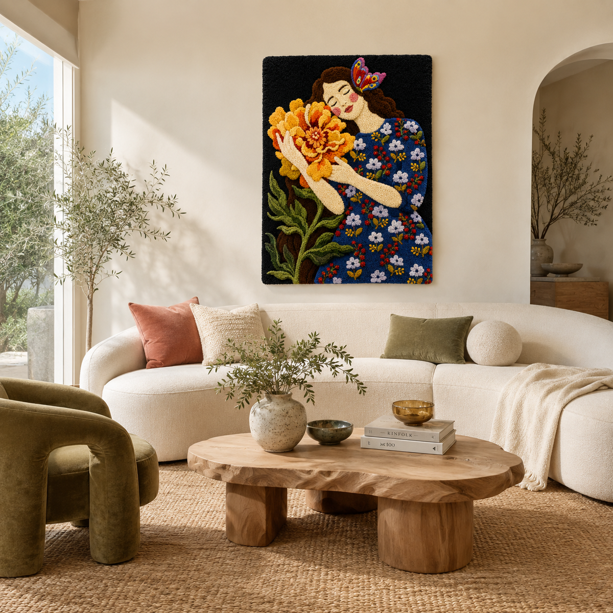 Close-up of Hewn Earth Afterglow Yarrow wall art with detailed, textured floral design on a neutral background.