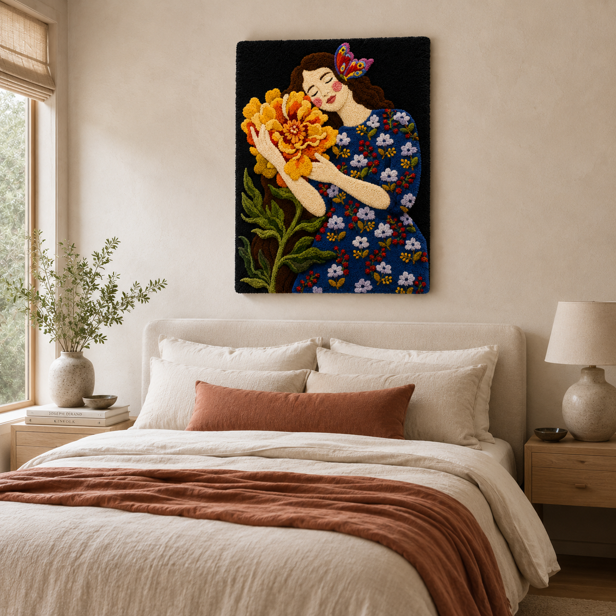 Hewn Earth Afterglow Yarrow wall art featuring vibrant, abstract botanical design on a textured canvas background.
