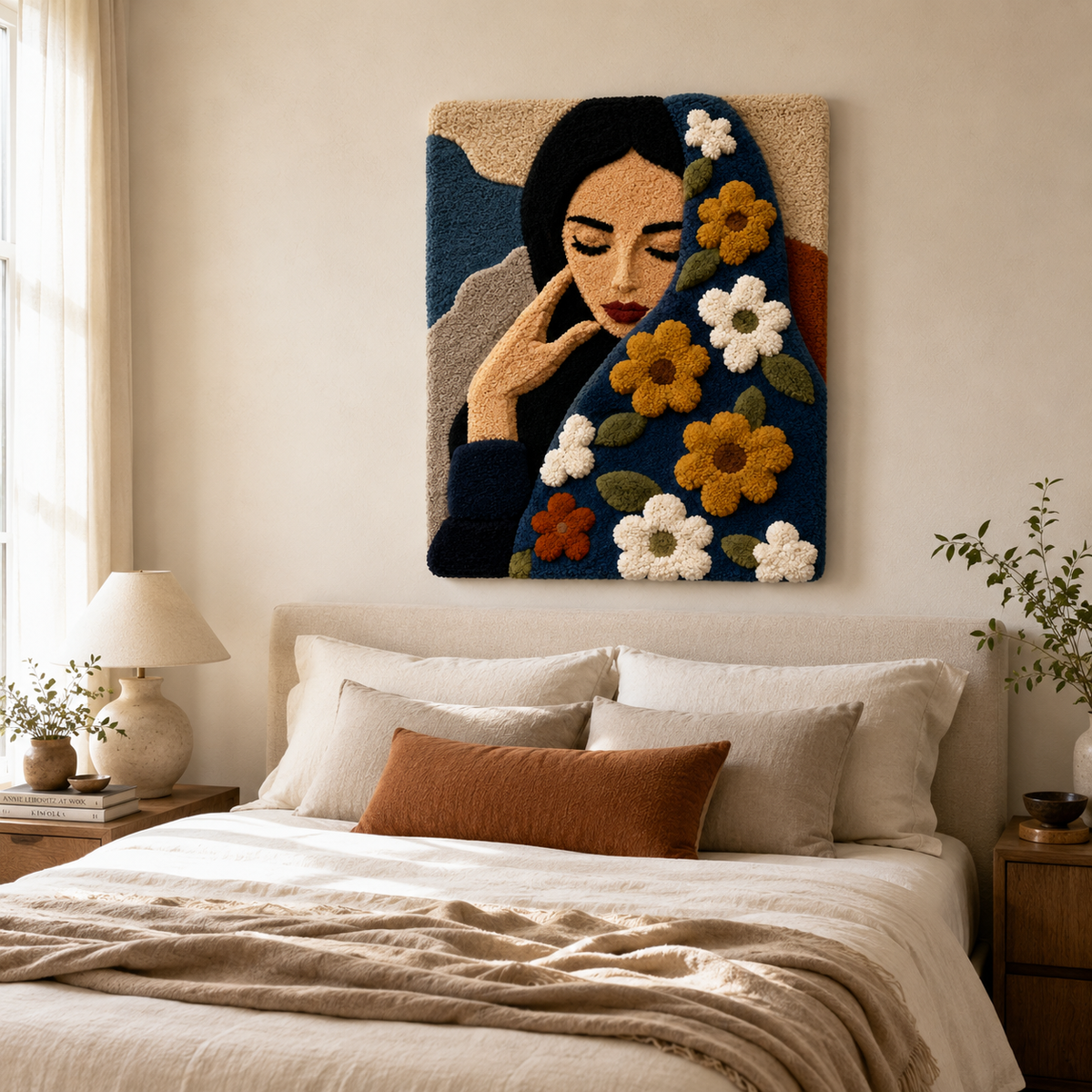Hewn Earth Luminous Parade wall art featuring vibrant, glowing abstract designs on a dark background.