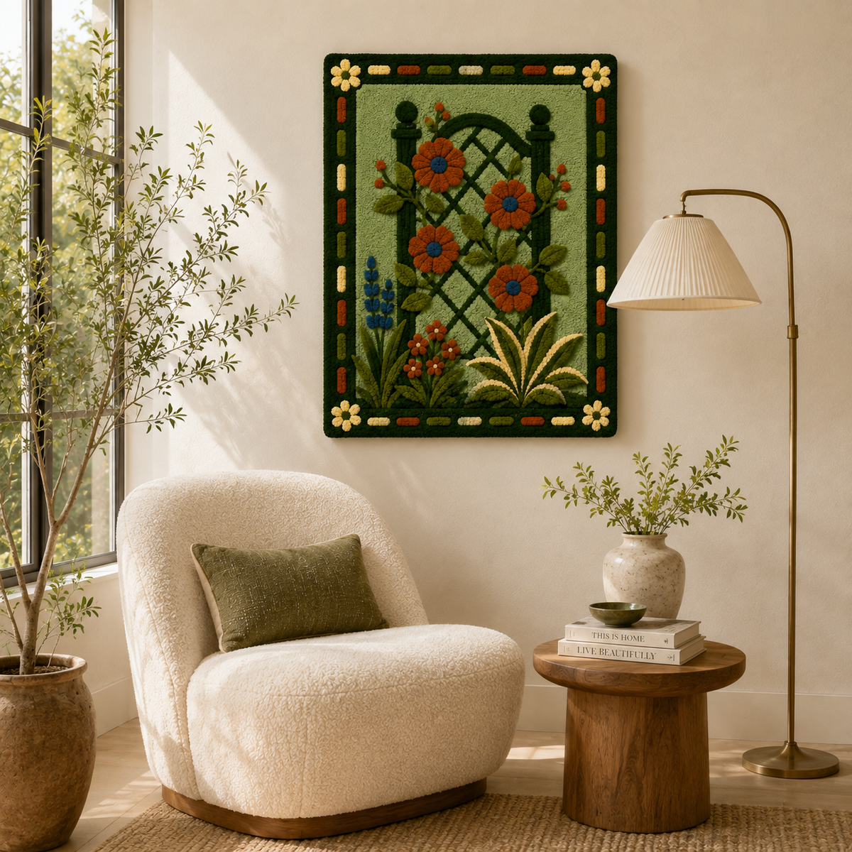 Hewn Earth Cinder Fjord wall art featuring a serene landscape with rocky formations and calm waters, suitable for modern decor.