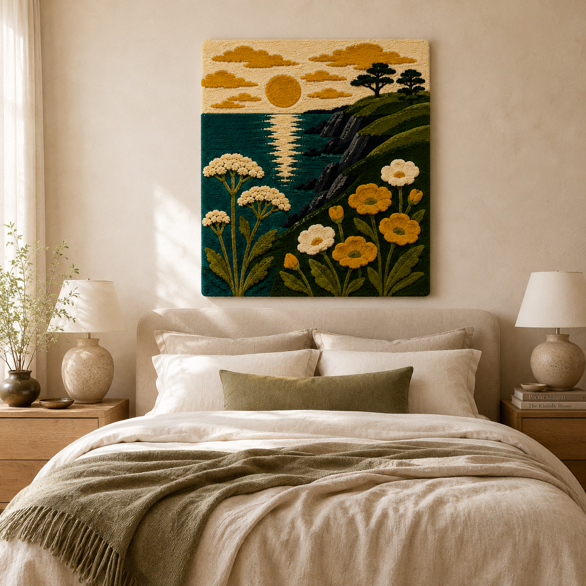 Hewn Earth Gilded Thicket wall art featuring abstract gold-toned foliage on a neutral background.