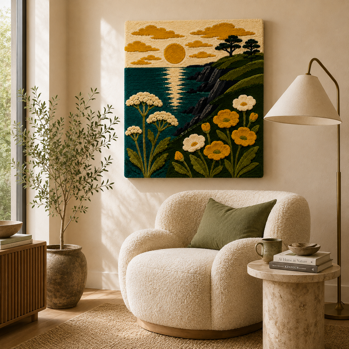 Hewn Earth Gilded Thicket wall art featuring a textured, gilded botanical design on a neutral background.