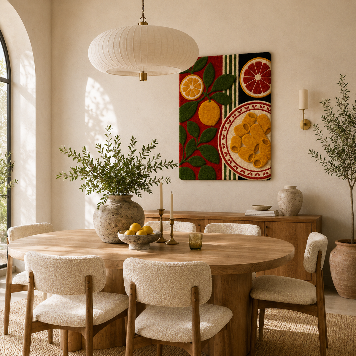 Hewn Earth Afterglow Iris wall art featuring vibrant, abstract floral design on a wall with soft lighting.