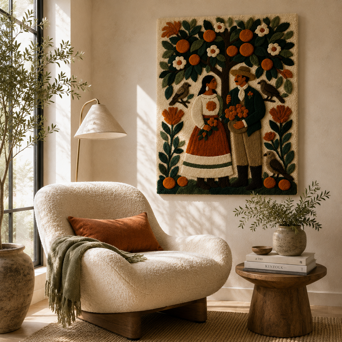 Hewn Earth Cinder Drift wall art featuring abstract earthy tones, displayed on a modern room wall.