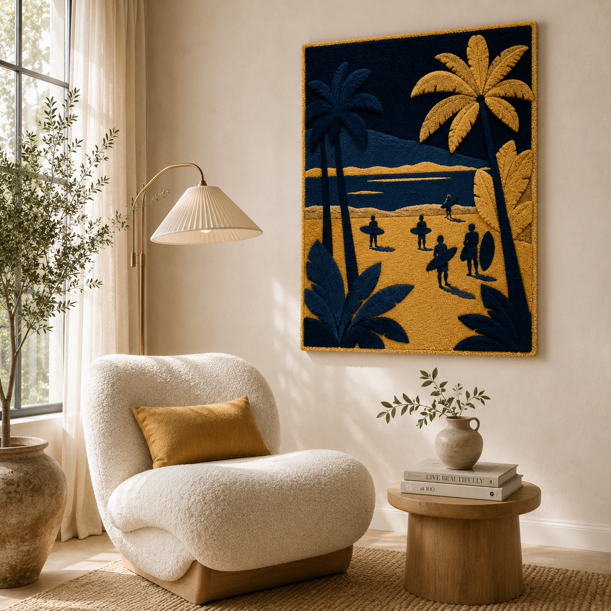 Hewn Earth Afterglow Harbor wall art featuring warm sunset colors and ocean scene, perfect for coastal or modern home decor.