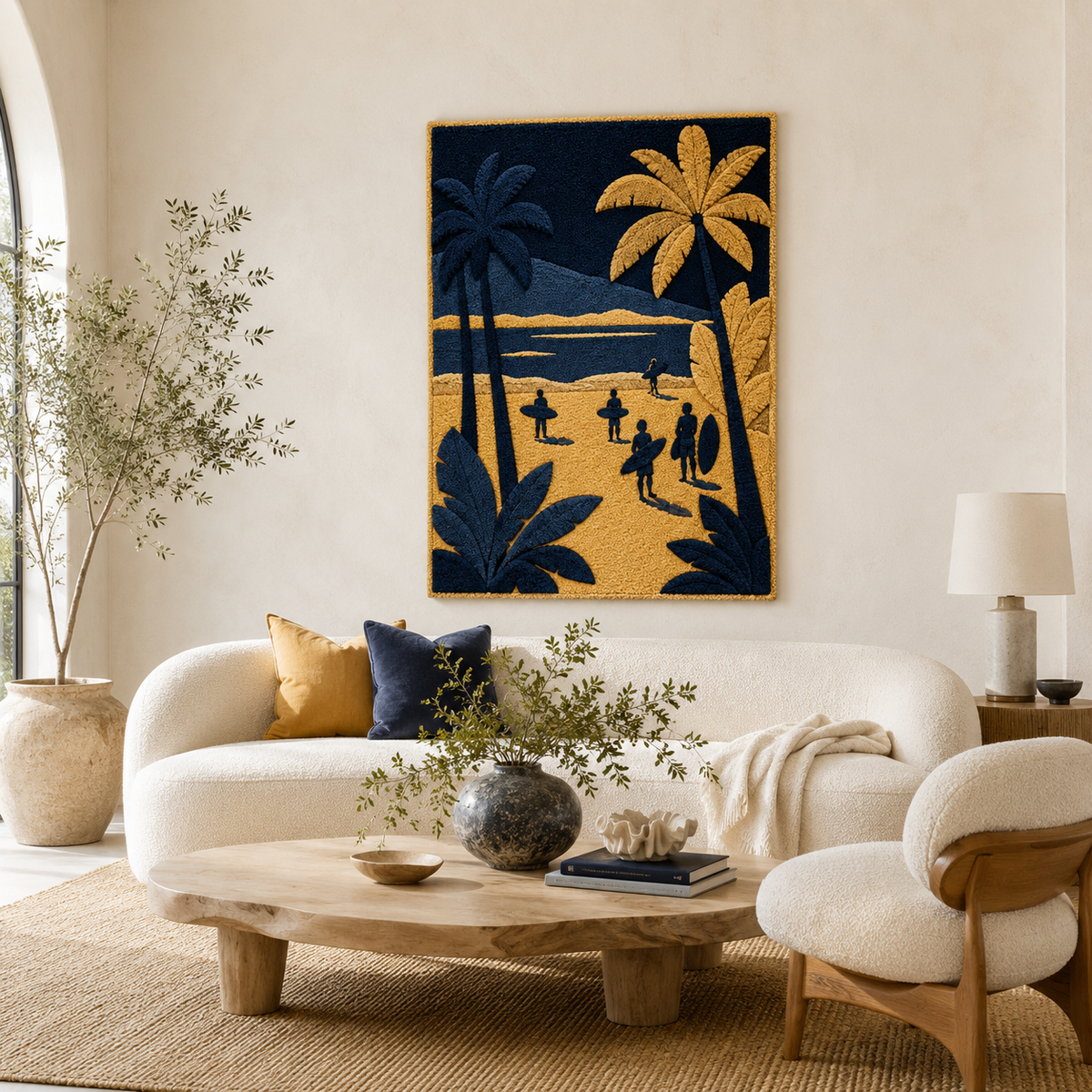 Hewn Earth Afterglow Harbor wall art featuring a vibrant sunset scene with warm tones and abstract coastal landscape.