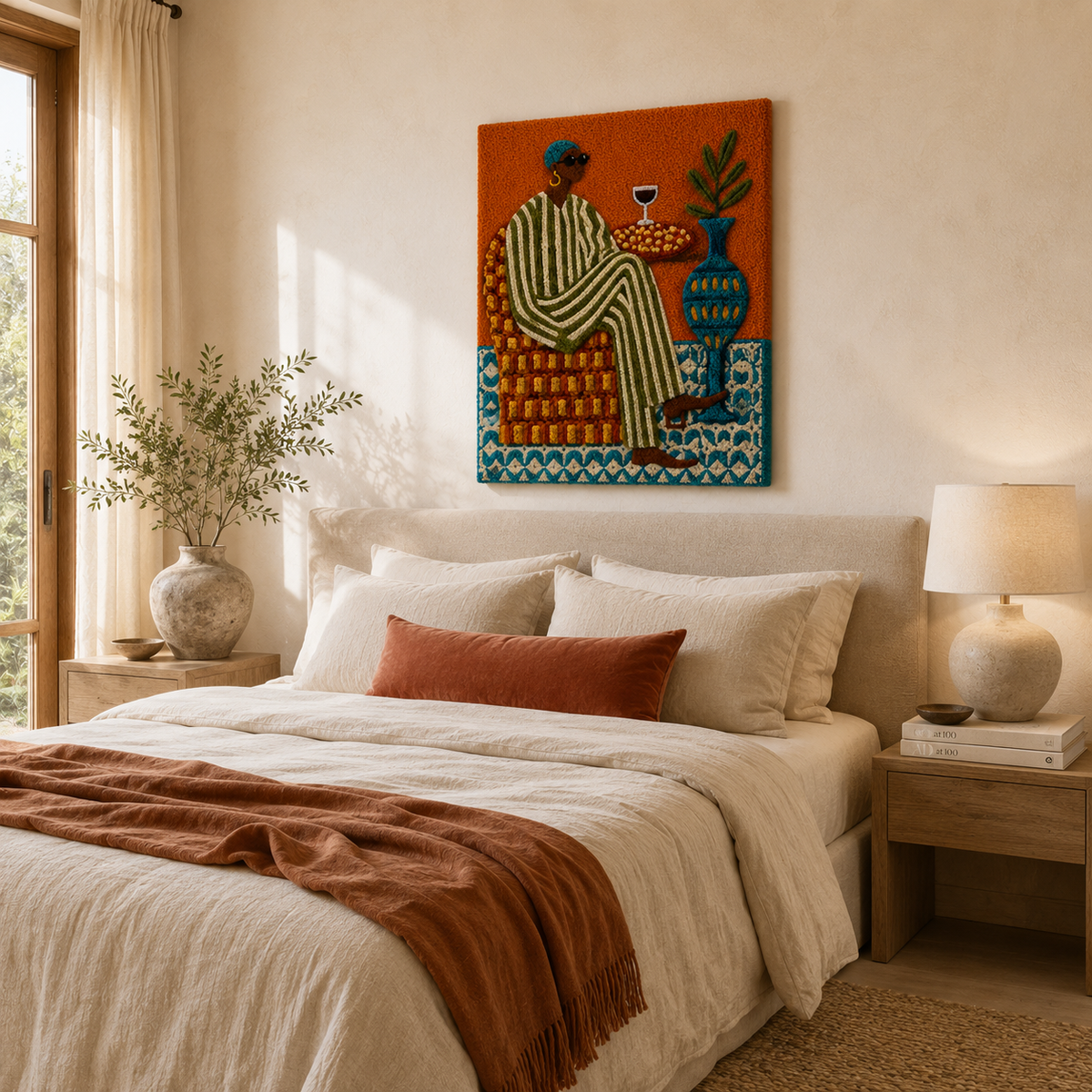 Hewn Earth Cinder Oasis wall art featuring abstract desert landscape in warm earth tones on a textured canvas.