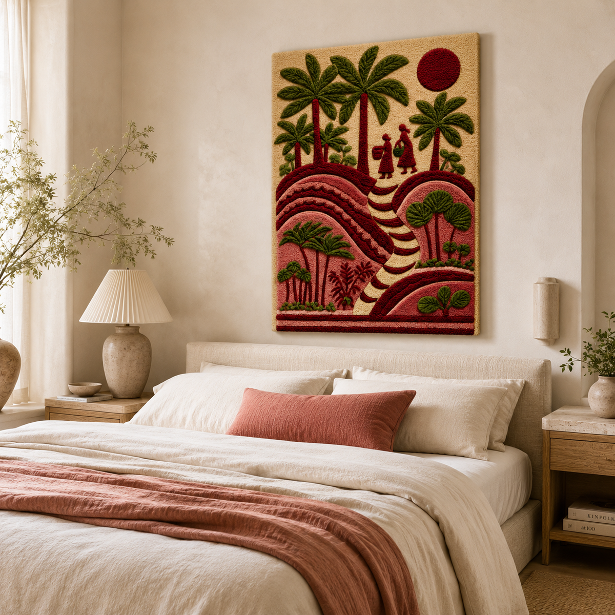 Hewn Earth Afterglow Fable wall art featuring abstract design in soft, warm tones displayed on a modern living room wall.