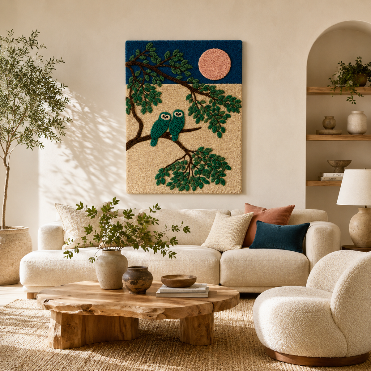 Close-up of Hewn Earth Cinder Meadow wall art featuring earthy tones and textured details on a neutral background.