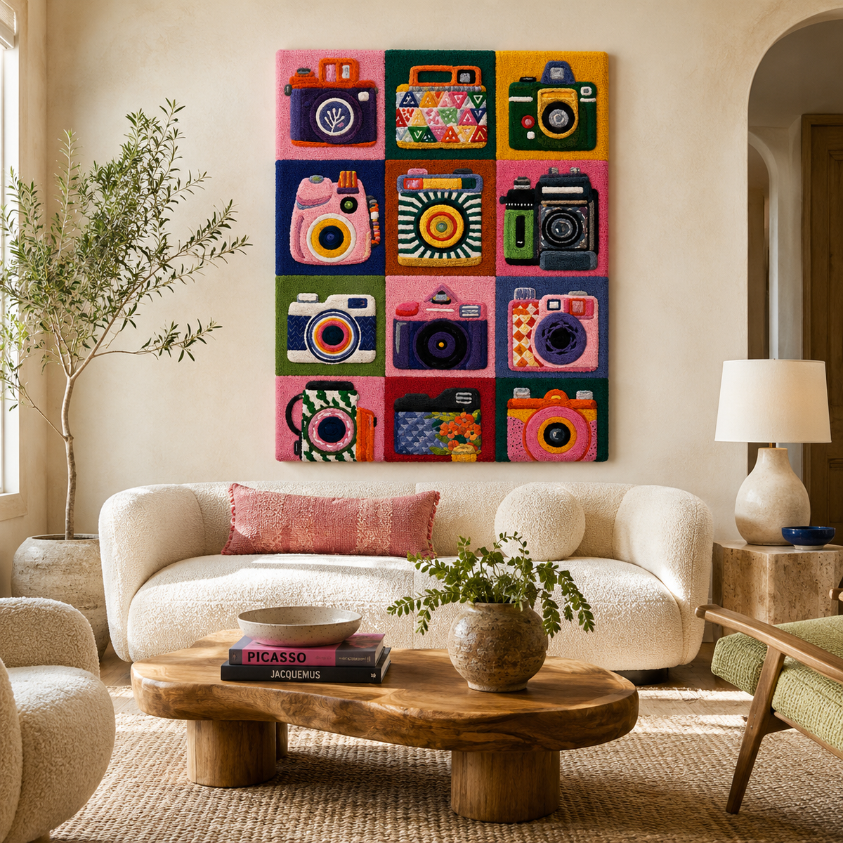 Hewn Earth Ember tapestry wall art hanging on a wall with warm, earthy tones and intricate patterns for home decor.