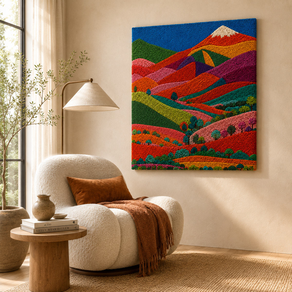 Hewn Earth Luminous Horizon wall art featuring a vibrant, abstract sunset scene on a textured canvas.