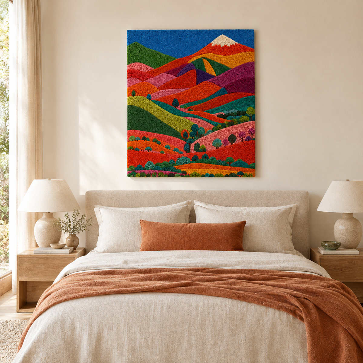Luminous Horizon Hewn Earth wall art featuring a vibrant, abstract landscape with luminous colors and textured details.