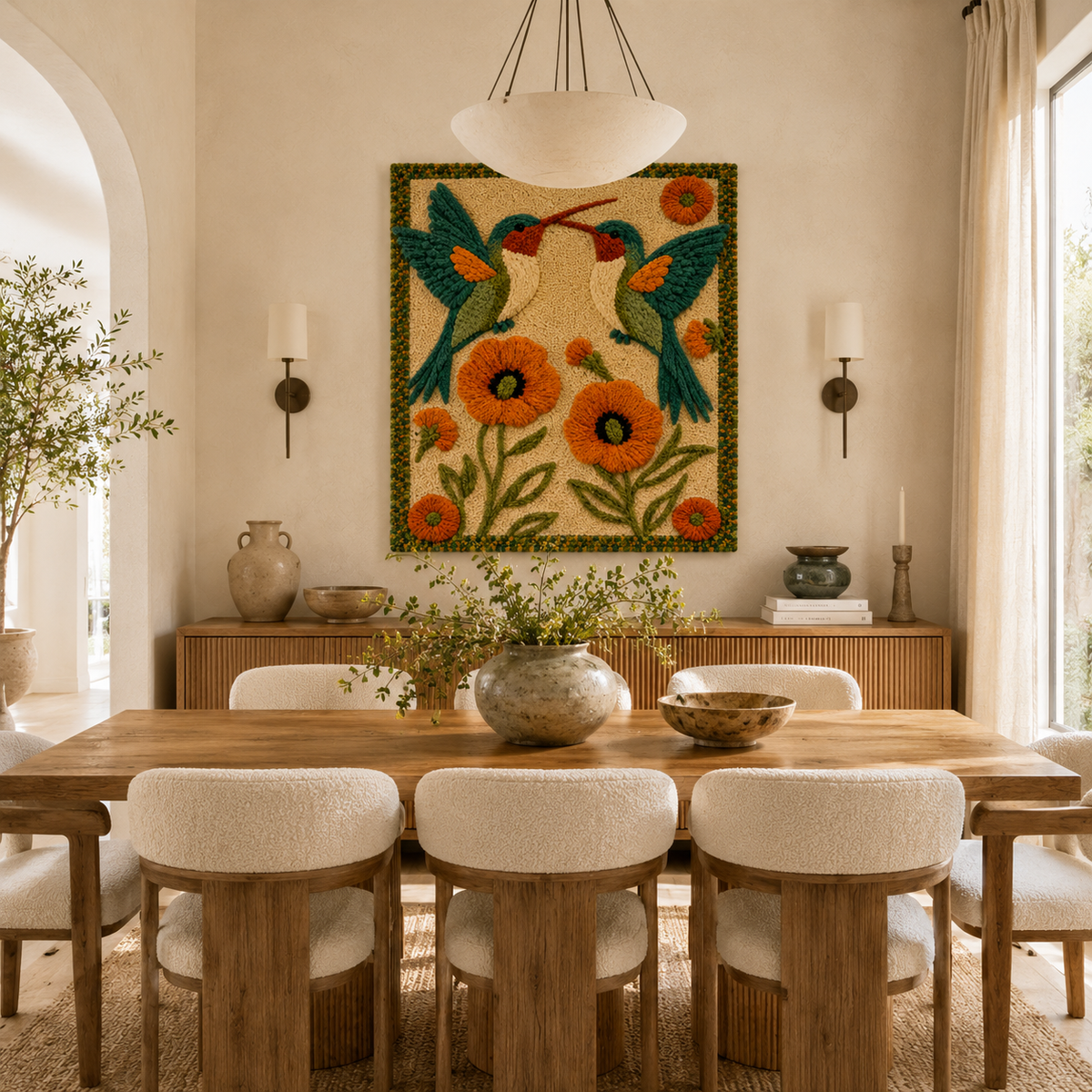 Hewn Earth Afterglow Orchard wall art, vibrant landscape painting with warm colors, displayed on a modern living room wall.