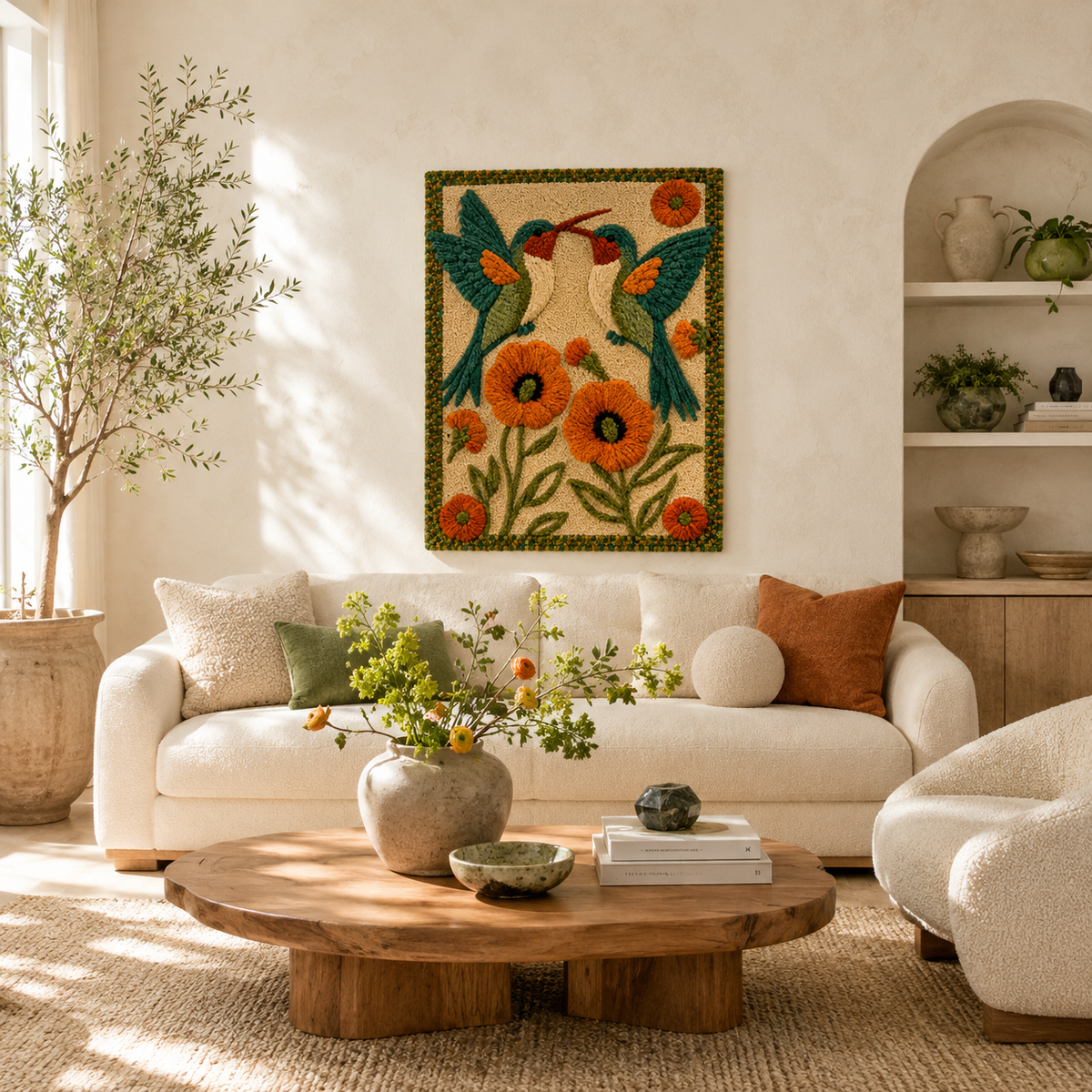 Close-up of the Afterglow Orchard Hewn Earth wall art featuring vibrant, detailed botanical illustrations on textured wall art.
