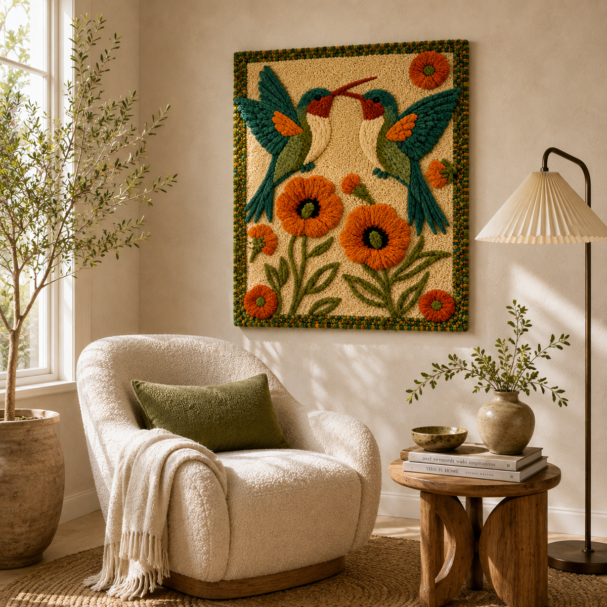 Hewn Earth Afterglow Orchard wall art featuring vibrant, abstract orchard scene in warm tones for modern home decor